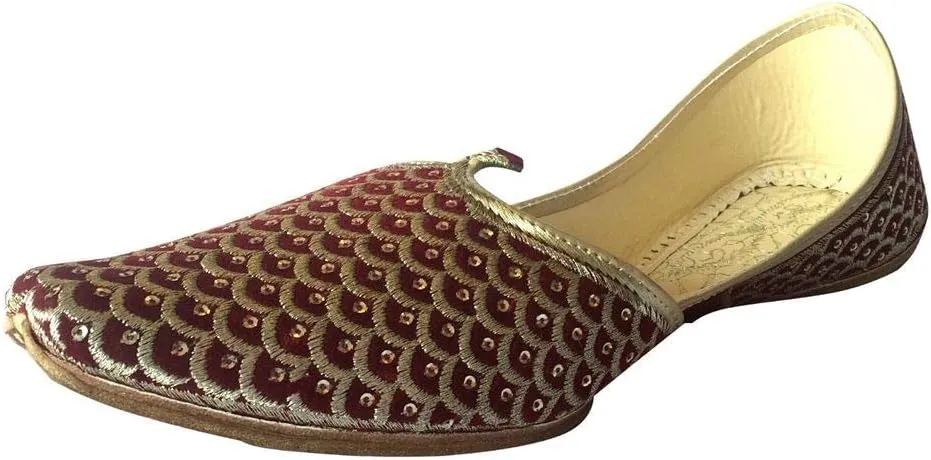 Mens Punjabi Jutti Sherwani Shoes Mehroon Gold Zari Khussa Shoes Formal Sandals Ethnic Footwear