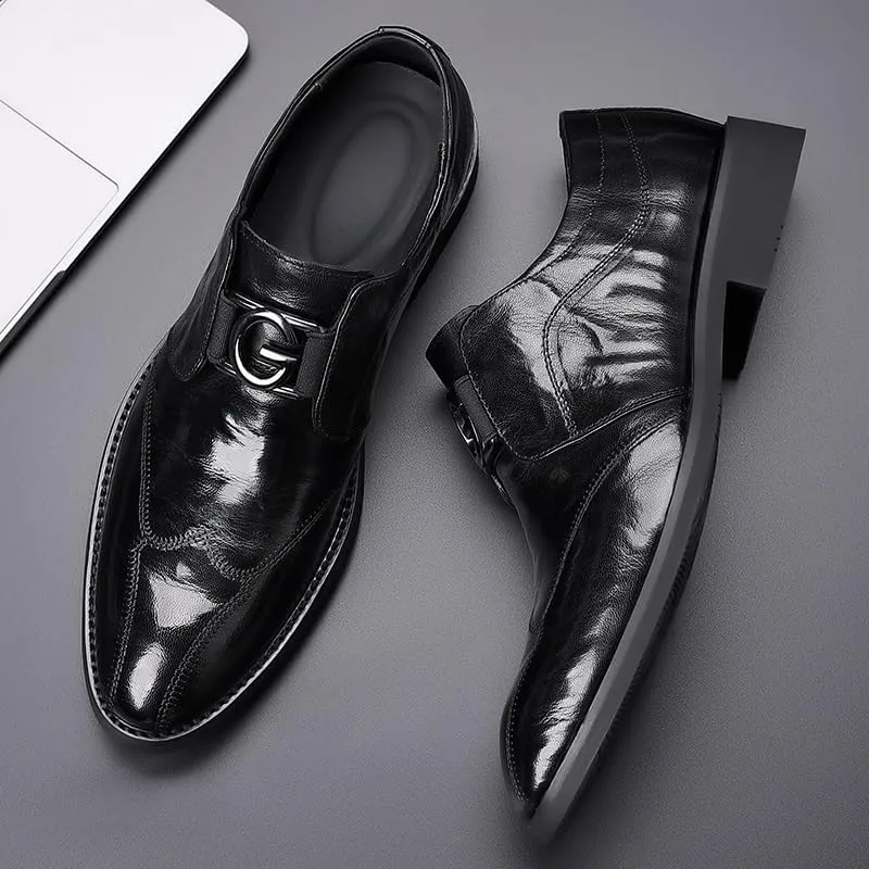 Men's Slip On Dress Shoes Pointed Toe Classic Formal Business Shoes Genuine Leather Platform Oxfords