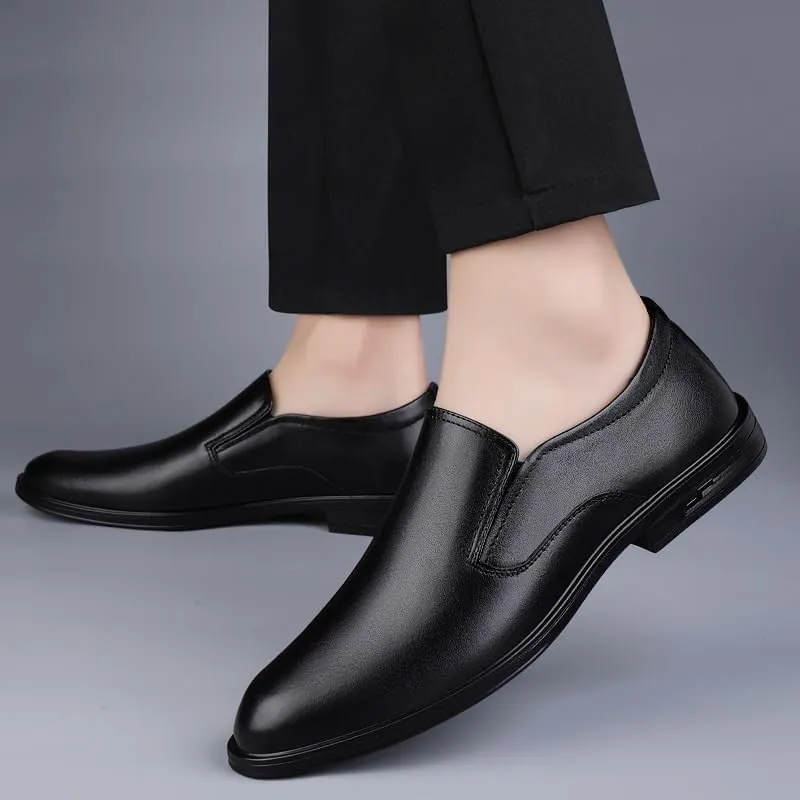 Men's Spring Casual Leather Shoes, Top Layer Cowhide Genuine Leather, Breathable Comfortable Pointed Toe Hollow Design, Black Cow Leather Office & Driving Shoes for Men