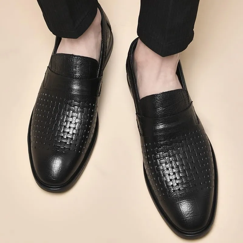 Men's Spring Fashion Casual Leather Shoes, Top Layer Cowhide Breathable Hollow Design, Comfortable Pointed Toe Breathable Leather Shoes for Men