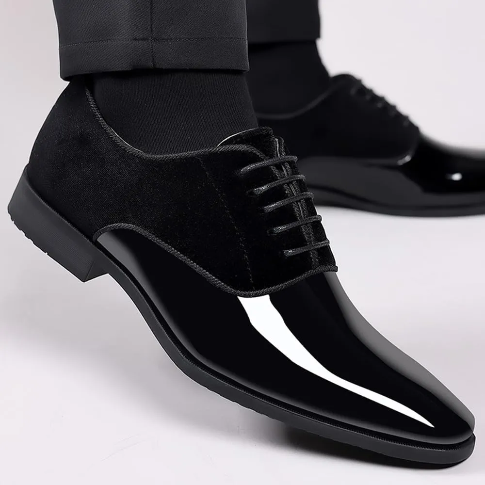 Men's Tuxedo Patent Leather Classic Velvet Lace-Up Business Dress Shoes