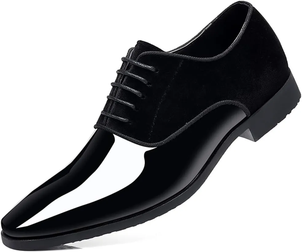 Men's Tuxedo Patent Leather Classic Velvet Lace-Up Business Dress Shoes