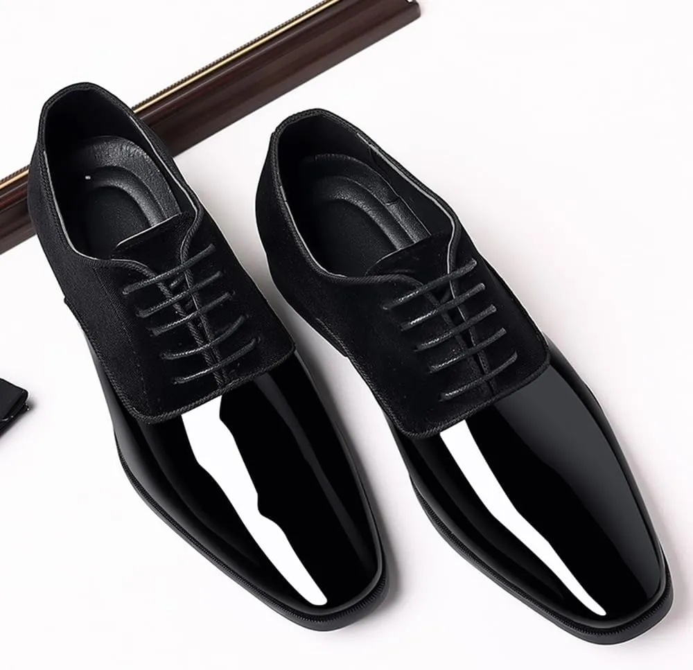 Men's Tuxedo Patent Leather Classic Velvet Lace-Up Business Dress Shoes