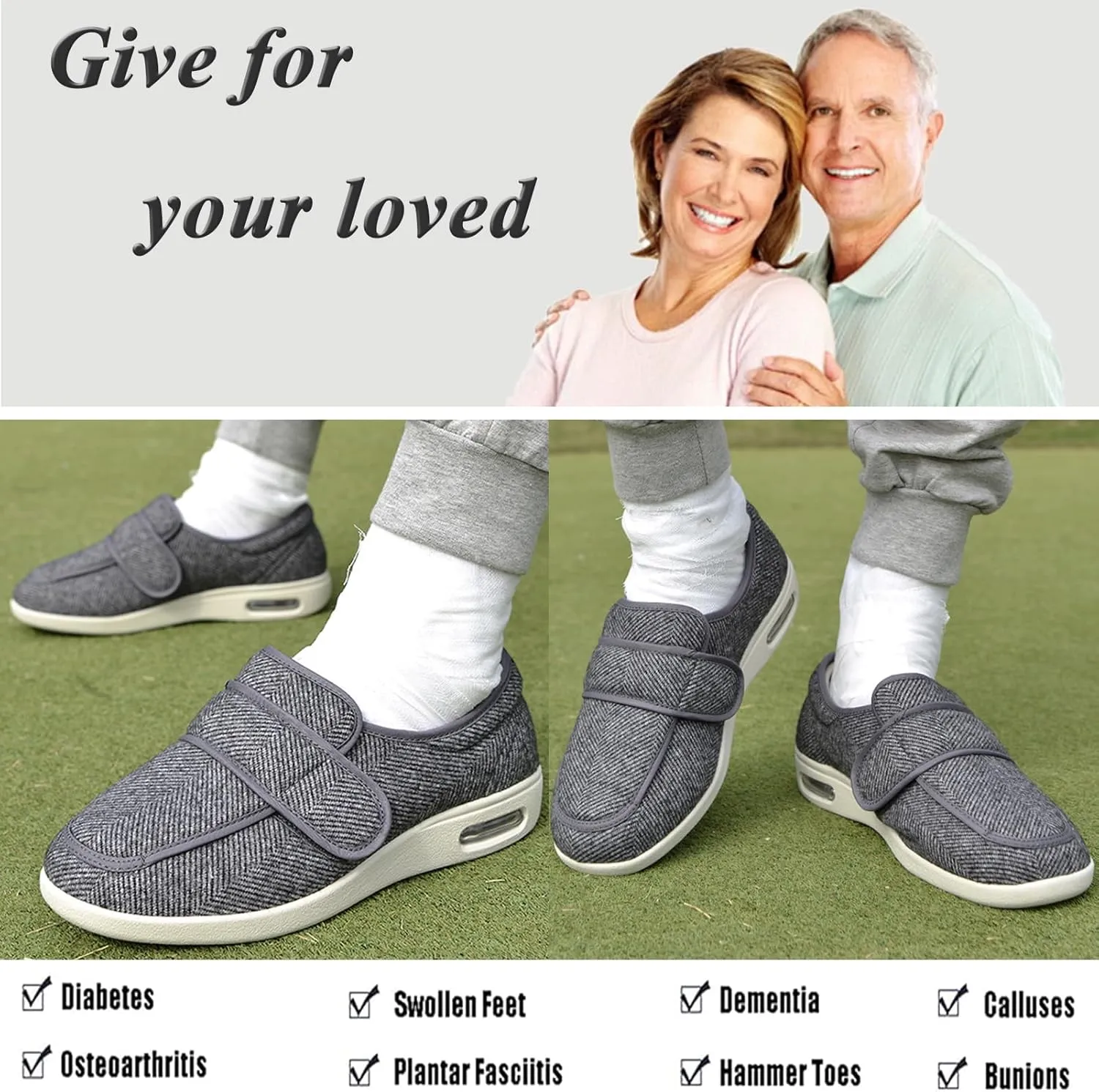 Mens Womens Diabetic Shoes Adjustable, Walking Shoes Wide Lightweight Widening for Elderly Swollen Feet Non Slip, Indoor Outdoor Shoes