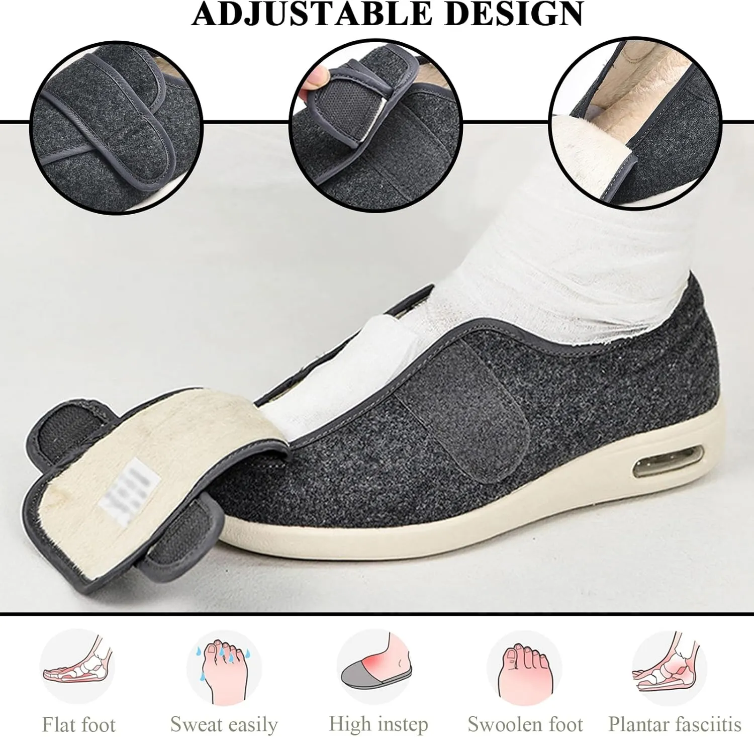 Mens Womens Diabetic Shoes Adjustable, Walking Shoes Wide Lightweight Widening for Elderly Swollen Feet Non Slip, Indoor Outdoor Shoes