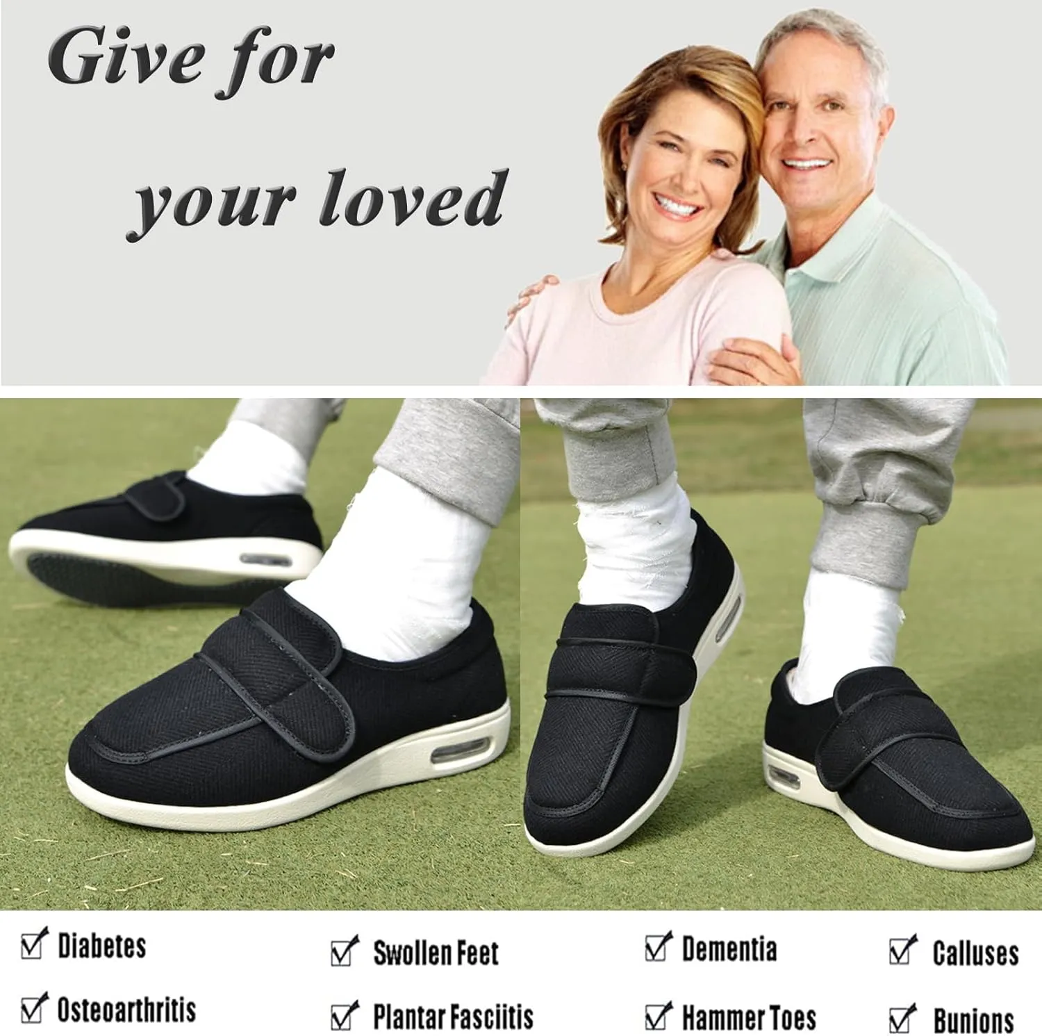 Mens Womens Diabetic Shoes Adjustable, Walking Shoes Wide Lightweight Widening for Elderly Swollen Feet Non Slip, Indoor Outdoor Shoes