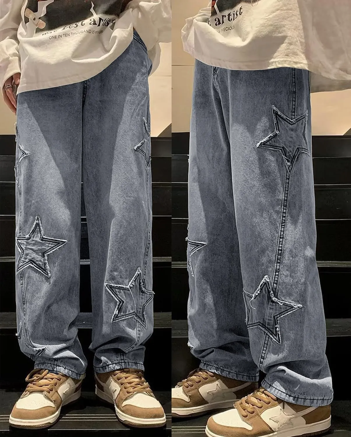 Mens Y2k Star Jeans High Waisted Hip Hop Streetwear Jeans Loose Baggy Embroidery Aesthetic Harajuku Denim Pants
