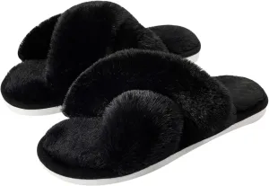 Metog Women's Fuzzy Cross Band Indoor/Outdoor Soft Open Toe Slippers