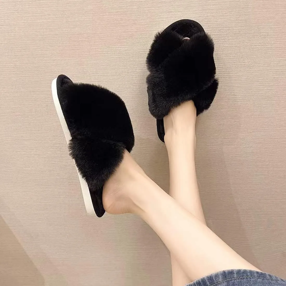 Metog Women's Fuzzy Cross Band Indoor/Outdoor Soft Open Toe Slippers