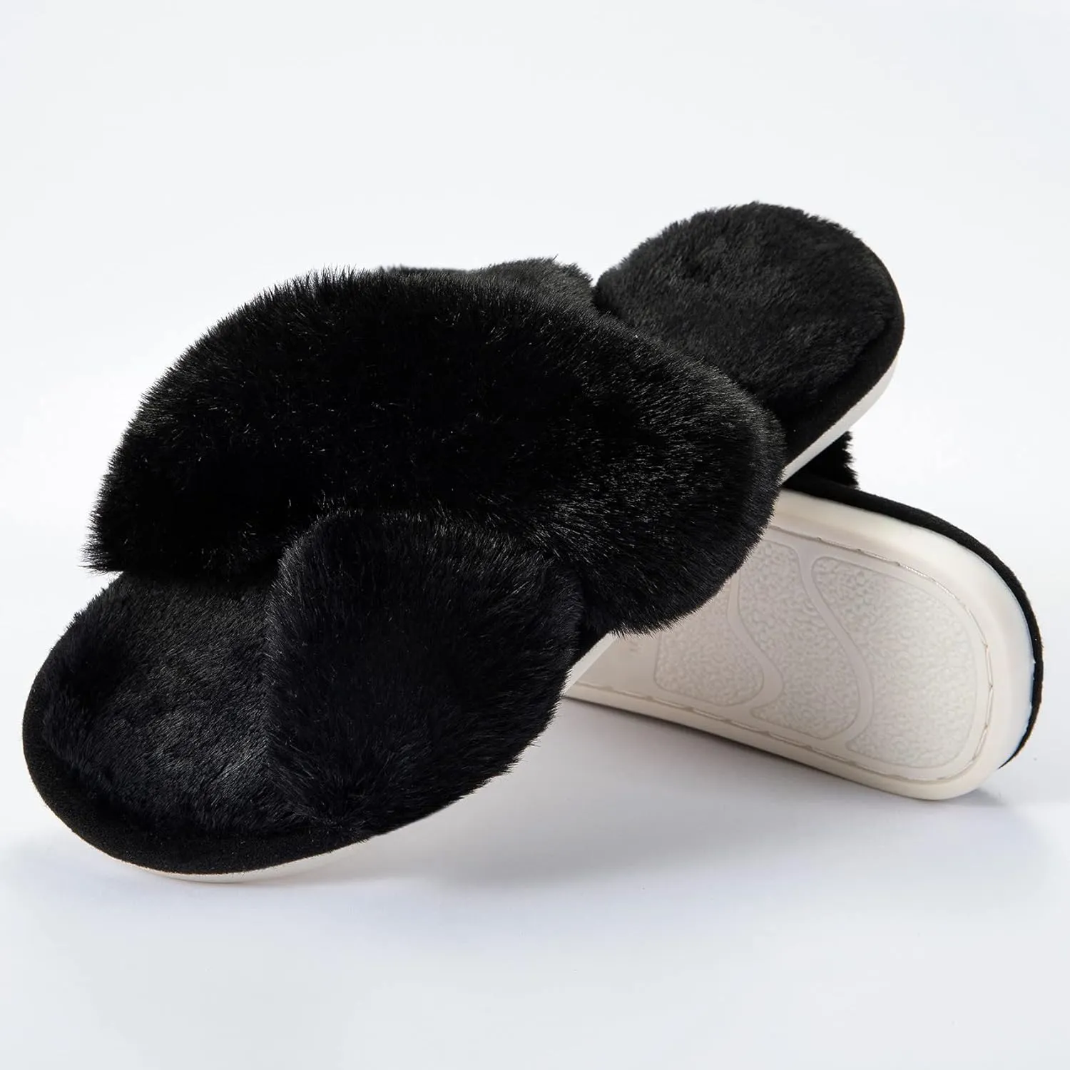Metog Women's Fuzzy Cross Band Indoor/Outdoor Soft Open Toe Slippers
