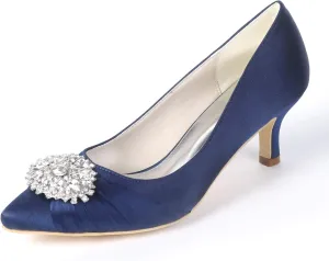 Mid Heels Satin Rhinestones Wedding Shoes for Bride Pointed Toe Prom Evening Party Dress Pumps-1608-01AB