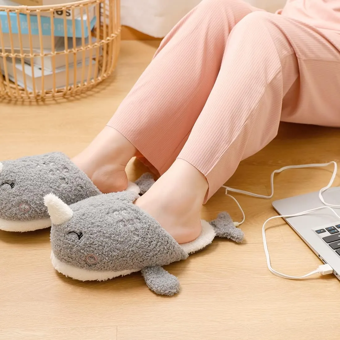 Millffy Whale Narwhal Floor Slippers - Soft House Slippers for Women, Electric USB Heated