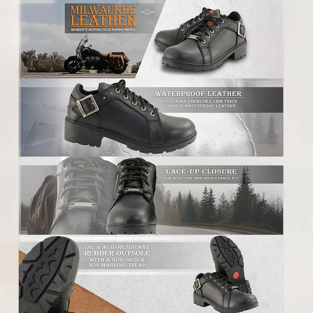 Milwaukee Leather MBL9311 Women's Black Leather Lace-Up Motorcycle Riding Shoes with Anti-Slip Outsole - 8.5