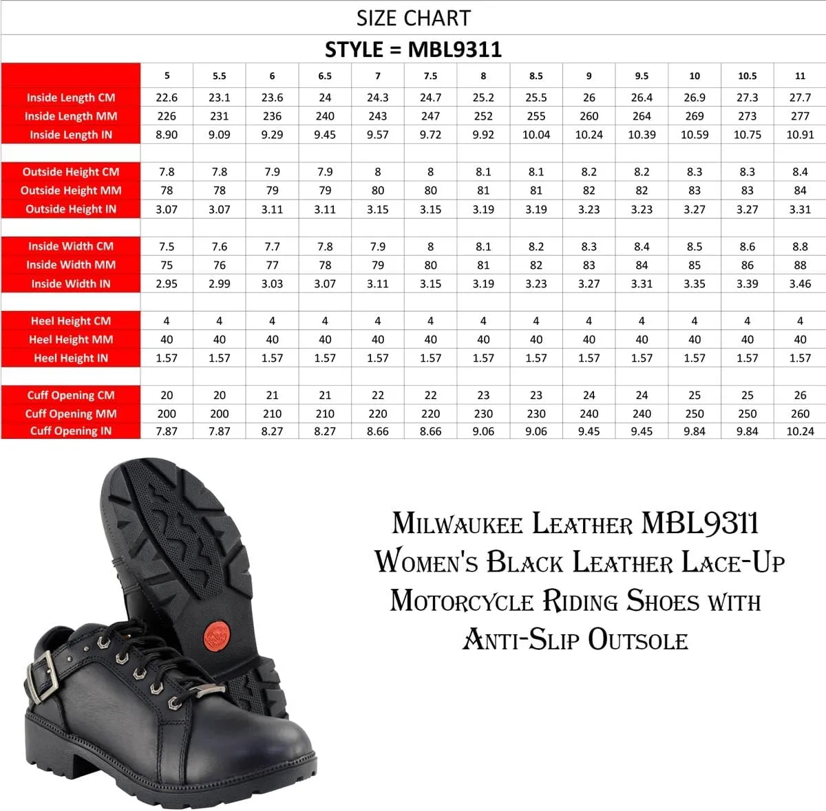 Milwaukee Leather MBL9311 Women's Black Leather Lace-Up Motorcycle Riding Shoes with Anti-Slip Outsole - 8.5
