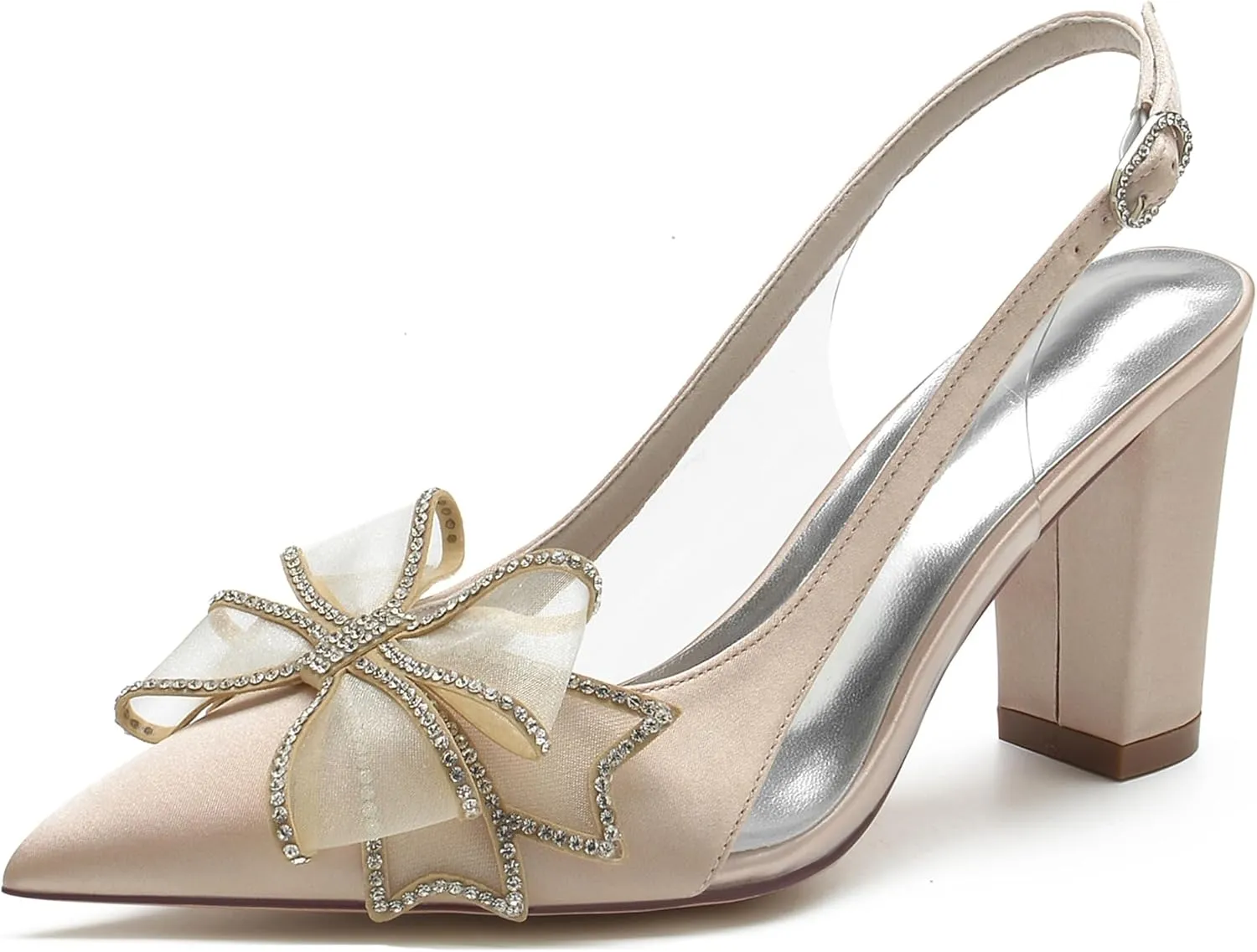 Minishion Block Heel Bridal Shoes for Women Wedding Formal Slingback Pumps with Bows BR023