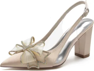 Minishion Block Heel Bridal Shoes for Women Wedding Formal Slingback Pumps with Bows BR023
