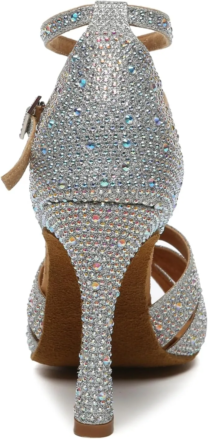 Minishion Dancing Heels for Women with Rhinestones Ankle Strap Wedding Formal Sandals Shoes