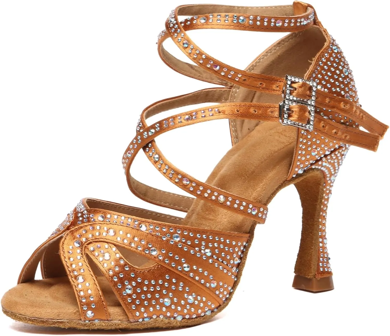 Minishion Dancing Heels for Women with Rhinestones Ankle Strap Wedding Formal Sandals Shoes