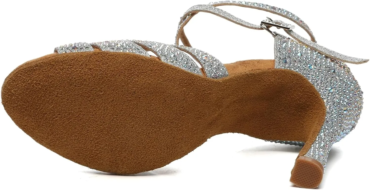 Minishion Dancing Heels for Women with Rhinestones Ankle Strap Wedding Formal Sandals Shoes