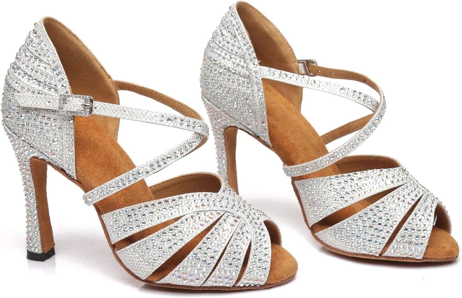 Minishion Dancing Heels for Women with Rhinestones Ankle Strap Wedding Formal Sandals Shoes