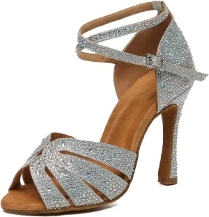 Minishion Dancing Heels for Women with Rhinestones Ankle Strap Wedding Formal Sandals Shoes