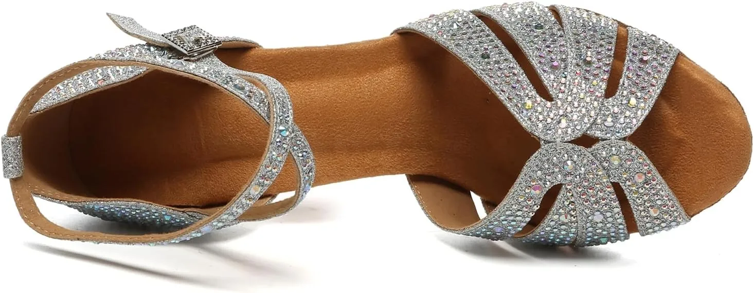 Minishion Dancing Heels for Women with Rhinestones Ankle Strap Wedding Formal Sandals Shoes
