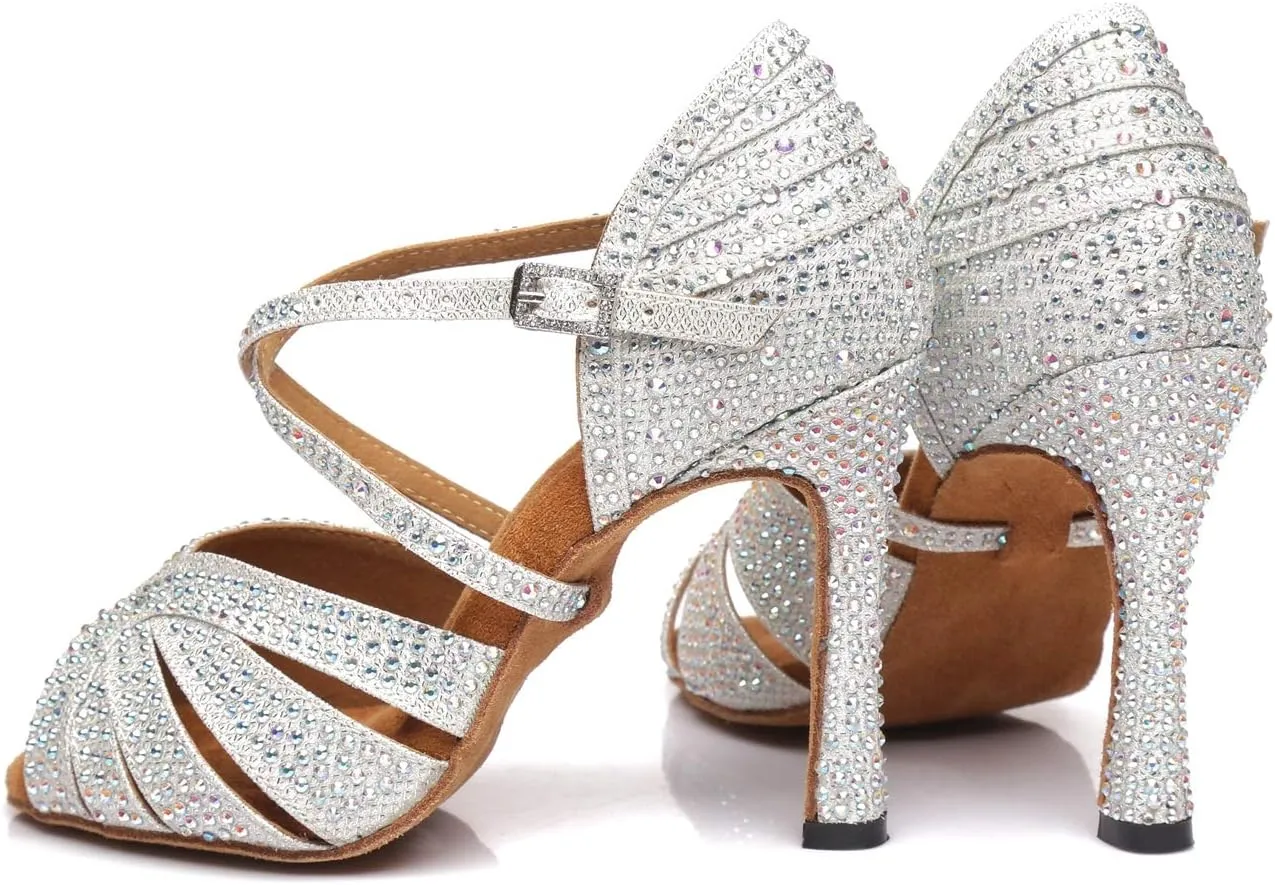 Minishion Dancing Heels for Women with Rhinestones Ankle Strap Wedding Formal Sandals Shoes