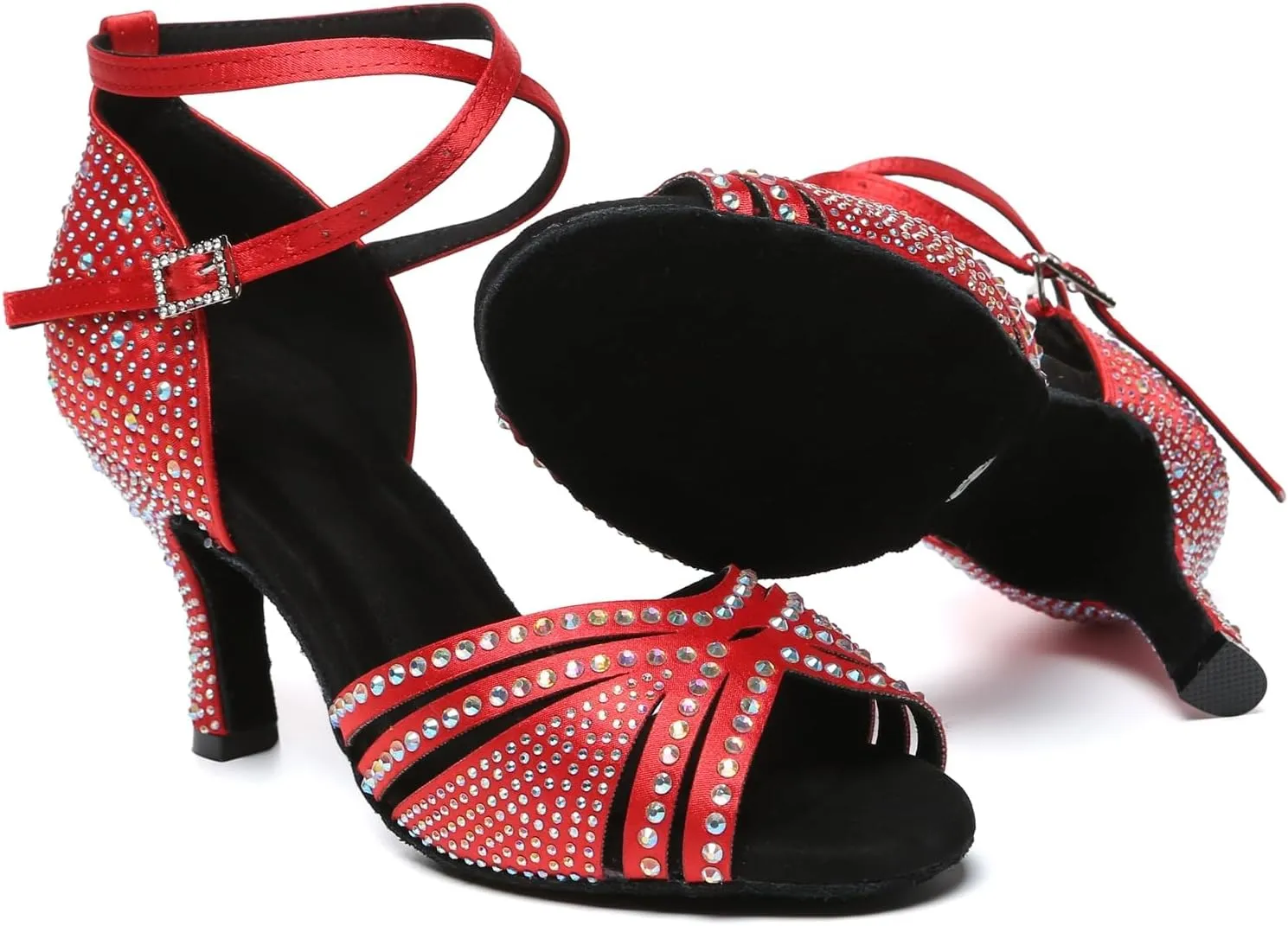 Minishion Dancing Heels for Women with Rhinestones Ankle Strap Wedding Formal Sandals Shoes