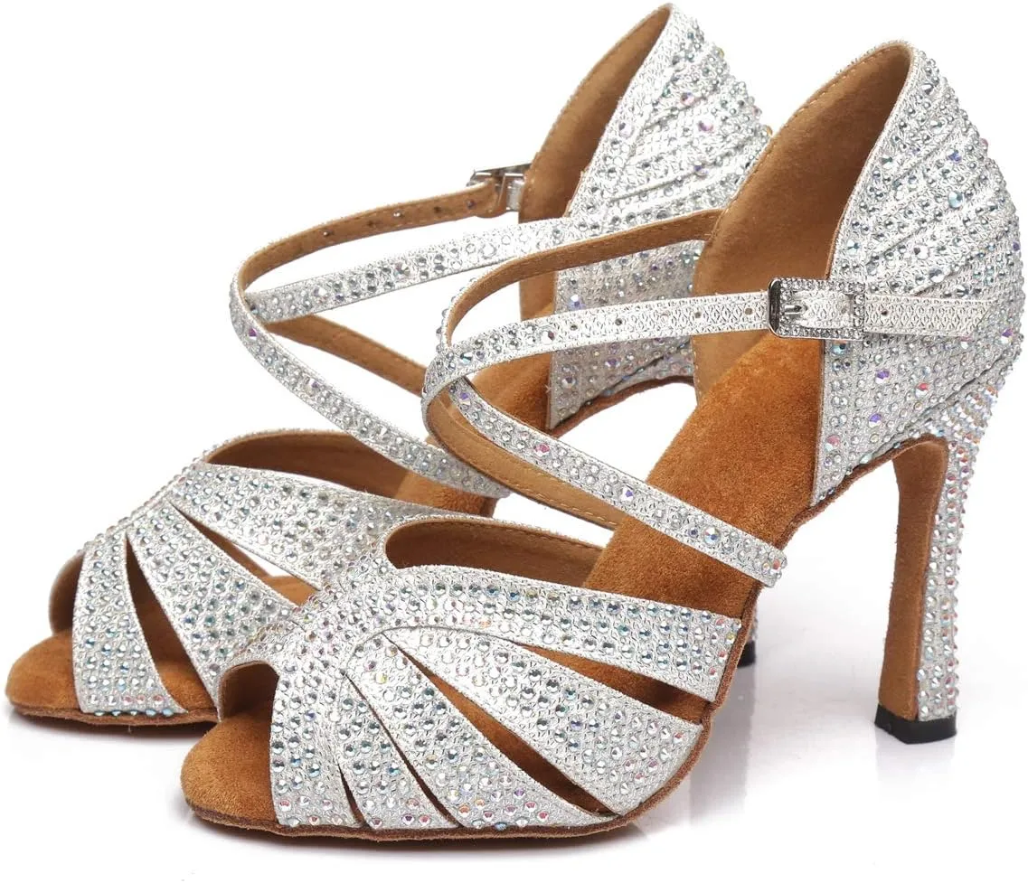 Minishion Dancing Heels for Women with Rhinestones Ankle Strap Wedding Formal Sandals Shoes