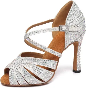 Minishion Dancing Heels for Women with Rhinestones Ankle Strap Wedding Formal Sandals Shoes