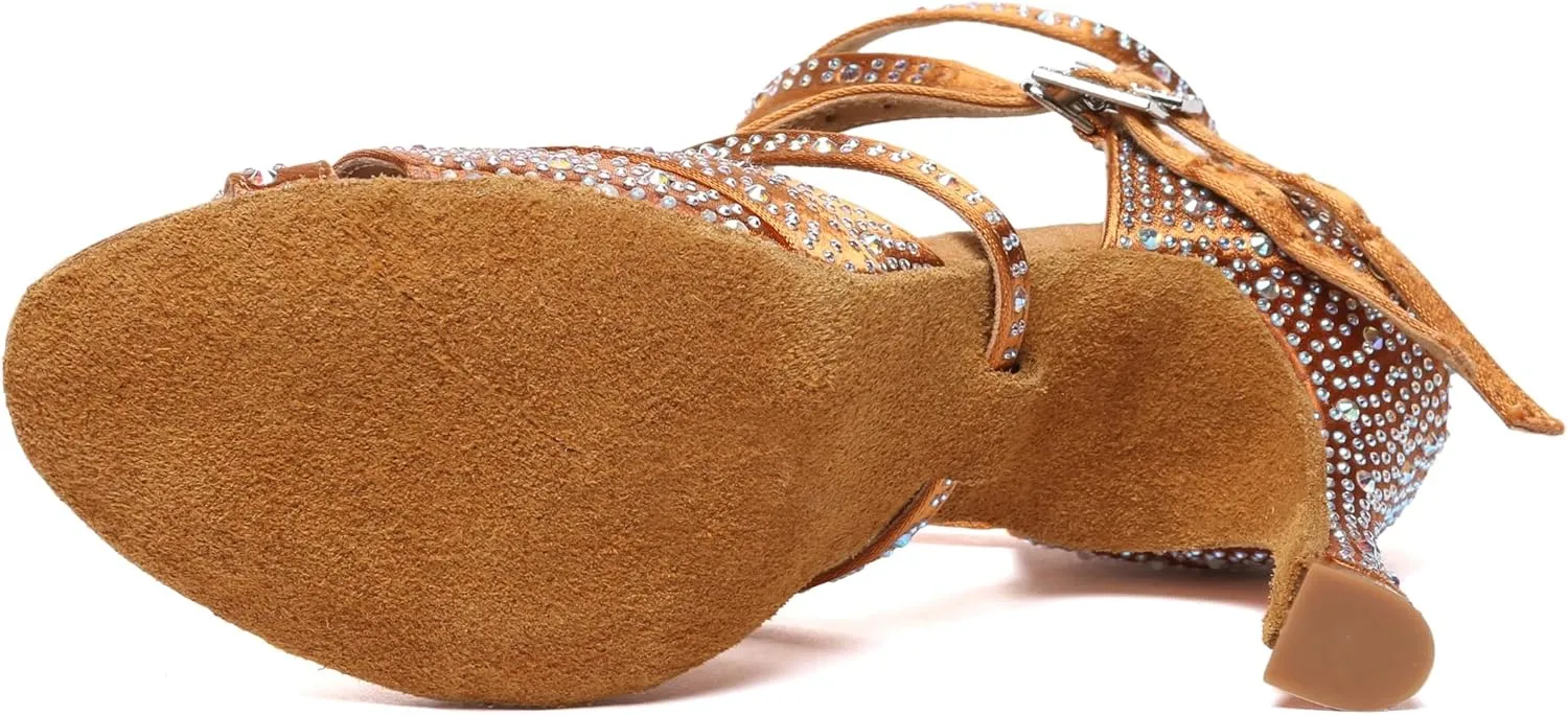 Minishion Dancing Heels for Women with Rhinestones Ankle Strap Wedding Formal Sandals Shoes