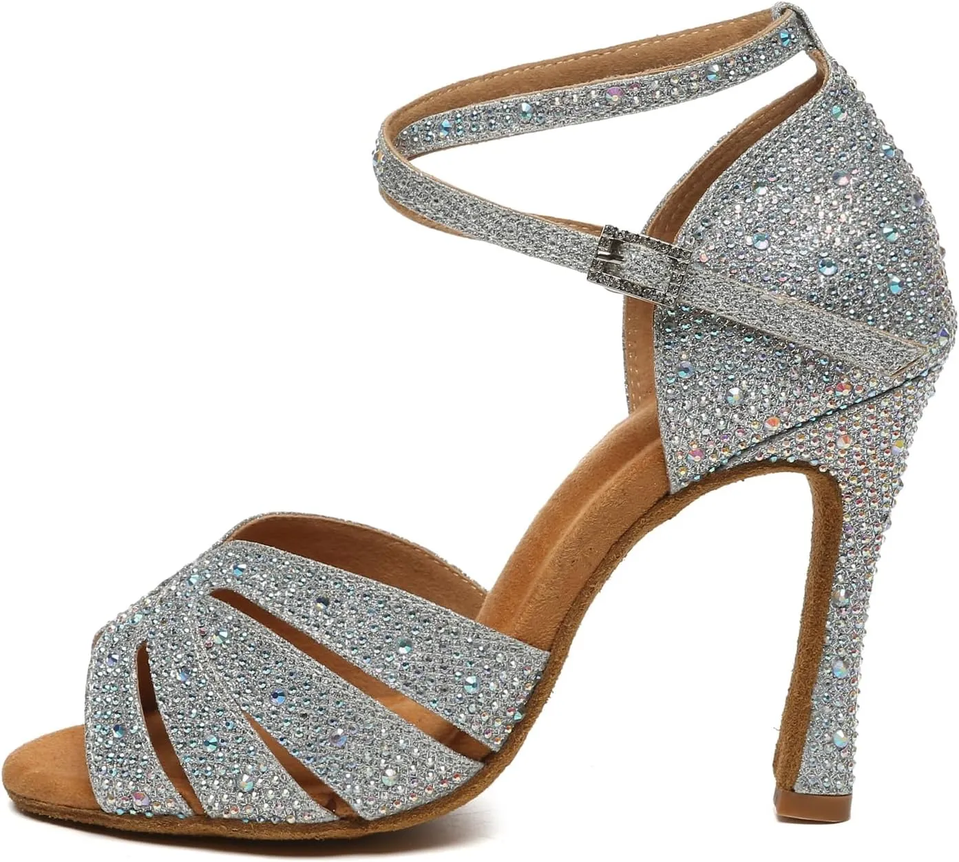 Minishion Dancing Heels for Women with Rhinestones Ankle Strap Wedding Formal Sandals Shoes