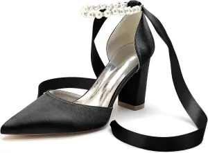 Minishion Shoes for Wedding Women Ribbon Block Heel Evening Formal Party Pumps wtih Ankle Chain BR136