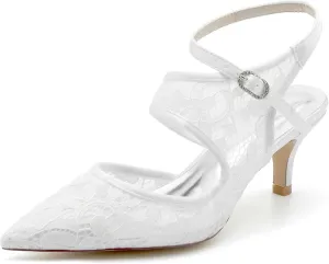 Minishion Wedding Dress Shoes for Women Lace Slingback Low Heel Prom Formal Pumps Mules BR049