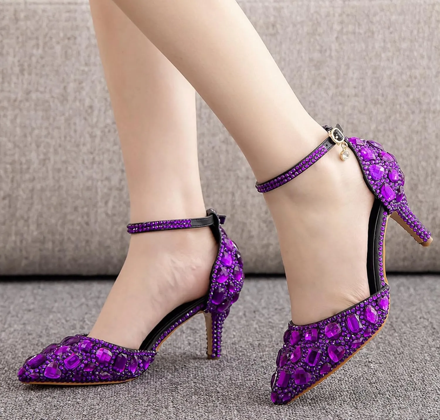Minishion Womens Ankle Strap Wedding Shoes with Rhinestones Evening Formal Pumps