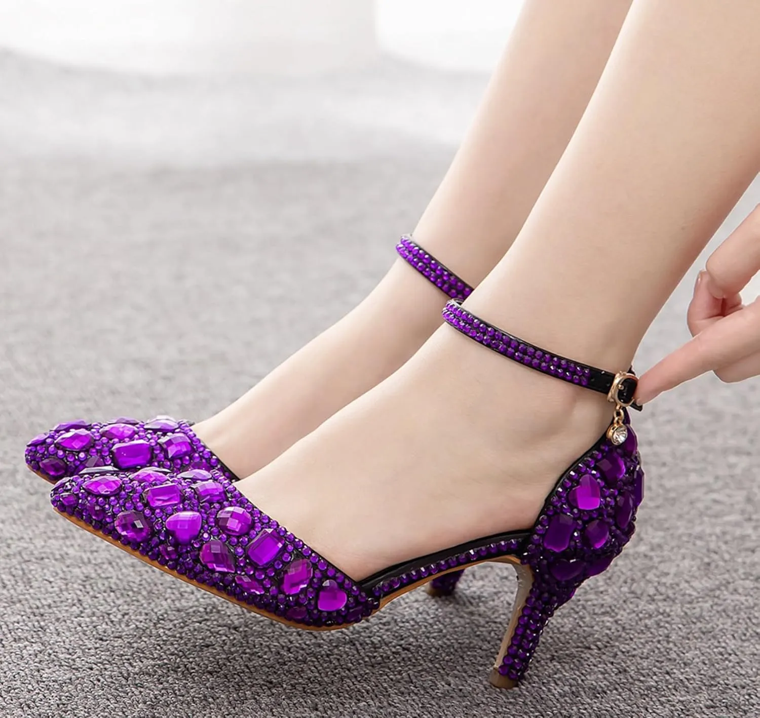 Minishion Womens Ankle Strap Wedding Shoes with Rhinestones Evening Formal Pumps