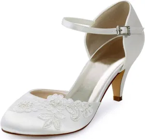 Minishion Women's Lace Flower Ankle Strap Satin Evening Formal Party Wedding Shoes