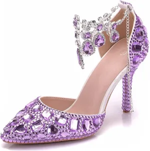 Minishion Womens Rhinestone Wedding Shoes Party Pumps with Ankle Chains