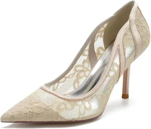 Minishion Womens Wedding Dress Shoes Lace Slip-on Evening Formal Pumps BR004