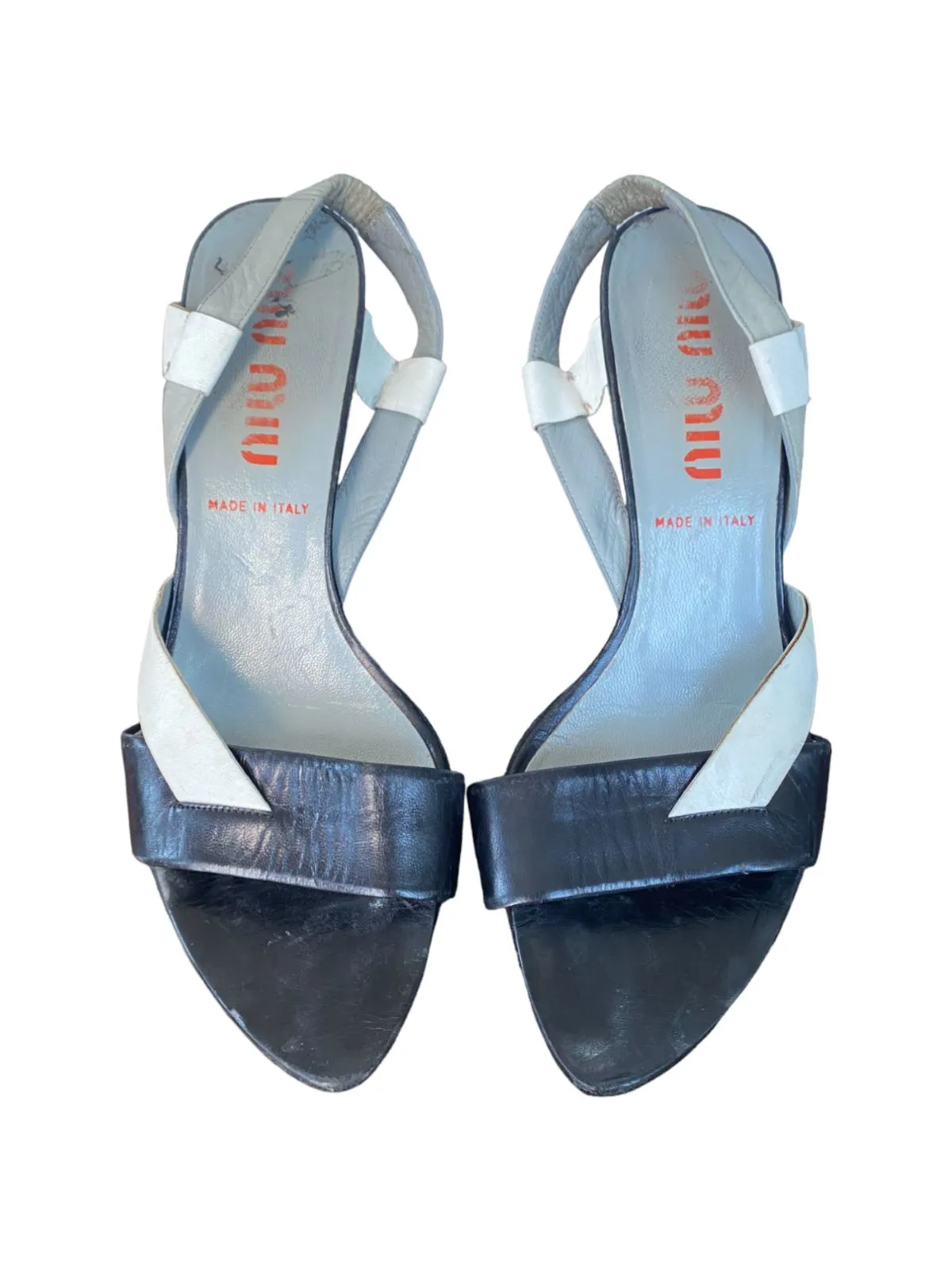 Miu Miu Leather Sandal Slingback Heels | Black, Grey, White, Sz 39.5