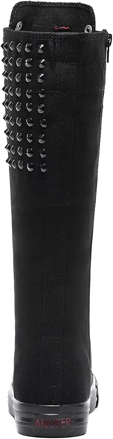 Momuk Long Rivet Knee High Canvas Boots Punk Style for Women & Girls