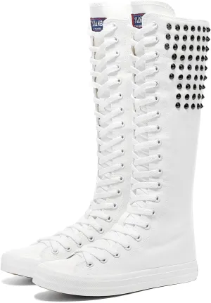 Momuk Long Rivet Knee High Canvas Boots Punk Style for Women & Girls