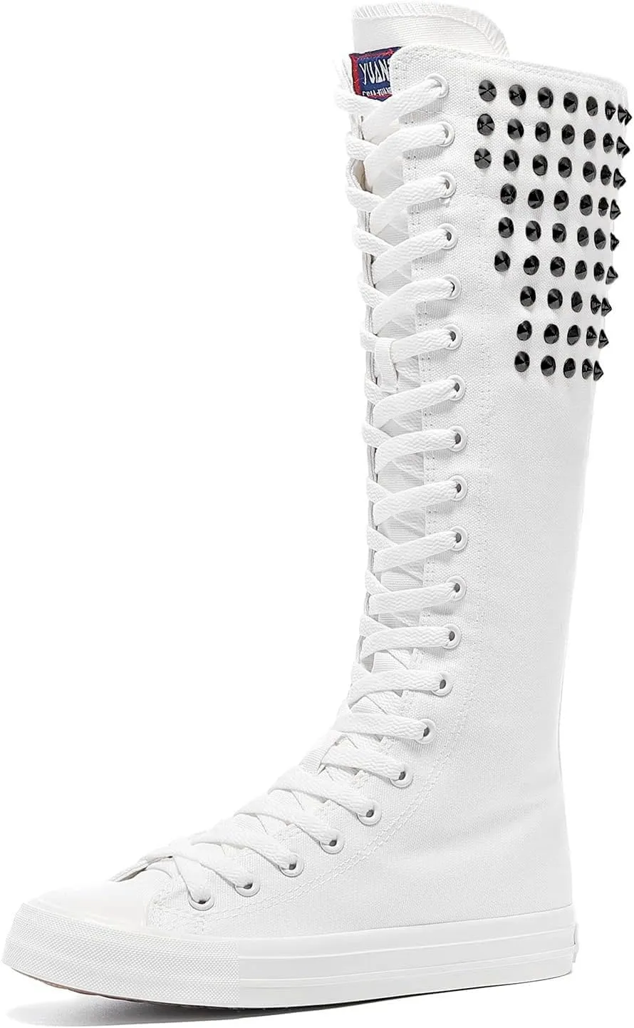 Momuk Long Rivet Knee High Canvas Boots Punk Style for Women & Girls