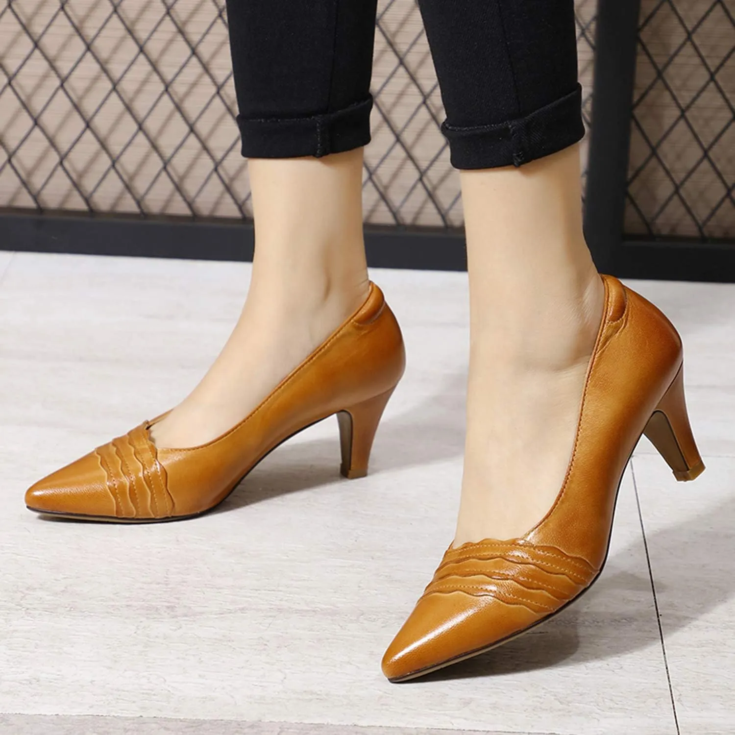 Mona flying Womens Leather Comfortable Pointed Toe Pumps 7cm High Heels Dressy Casual Office Work Shoes for Ladies
