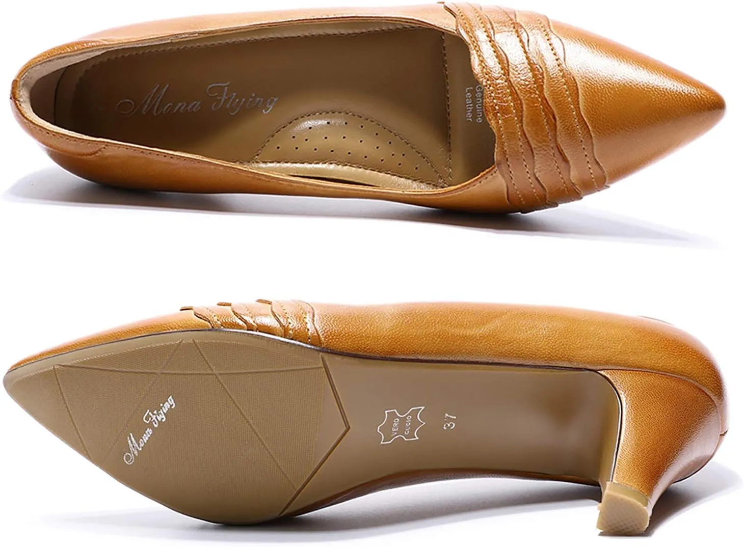 Mona flying Womens Leather Comfortable Pointed Toe Pumps 7cm High Heels Dressy Casual Office Work Shoes for Ladies