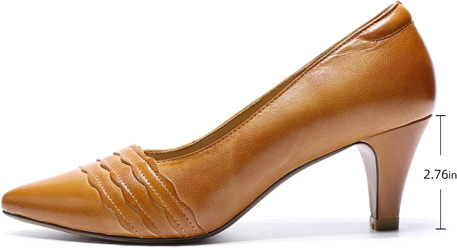 Mona flying Womens Leather Comfortable Pointed Toe Pumps 7cm High Heels Dressy Casual Office Work Shoes for Ladies