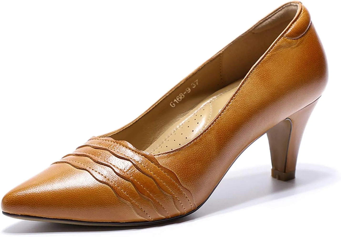 Mona flying Womens Leather Comfortable Pointed Toe Pumps 7cm High Heels Dressy Casual Office Work Shoes for Ladies