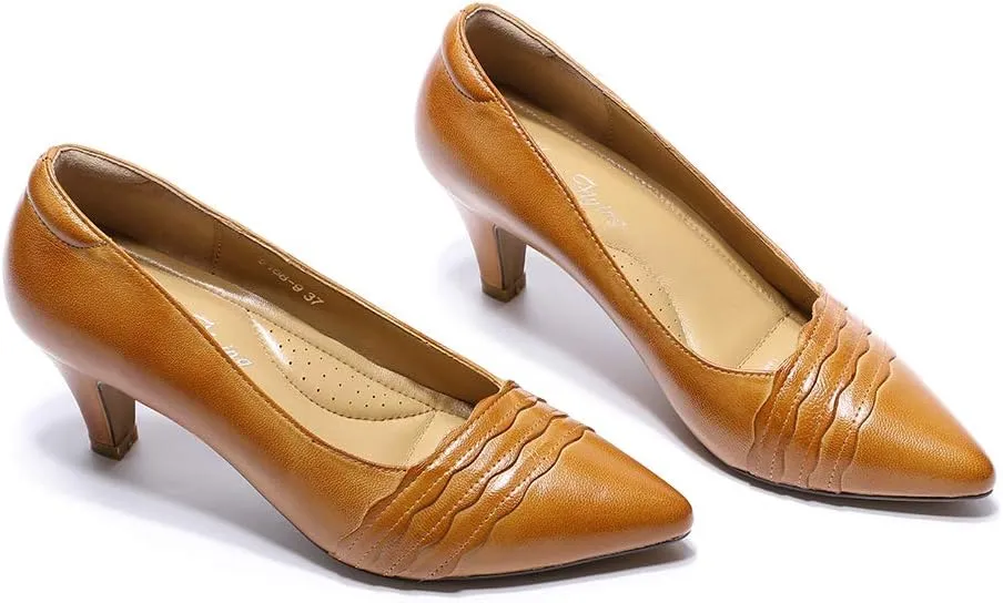 Mona flying Womens Leather Comfortable Pointed Toe Pumps 7cm High Heels Dressy Casual Office Work Shoes for Ladies