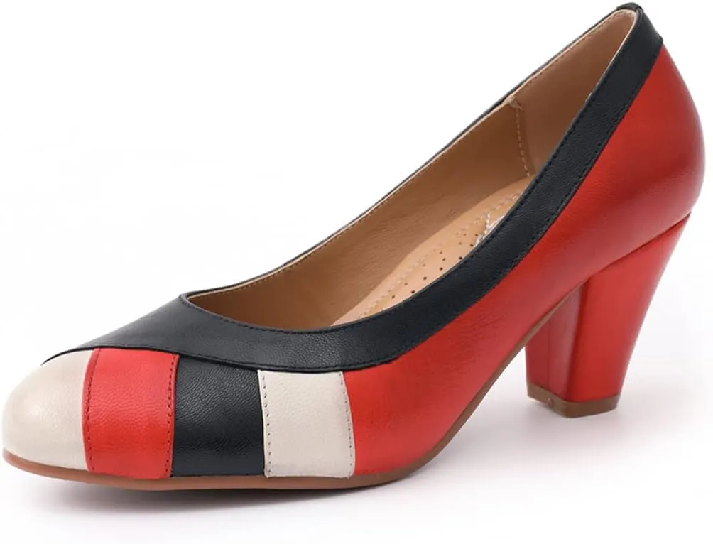 Mona flying Womens Retro Dress Pumps 7cm Chunky Heel Leather Dressy Shoes for Ladies