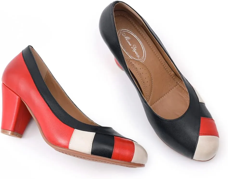 Mona flying Womens Retro Dress Pumps 7cm Chunky Heel Leather Dressy Shoes for Ladies